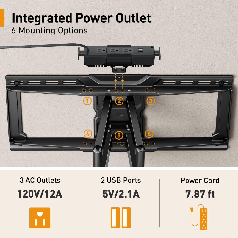 Perlegear Full Motion TV Wall Mount with Power Strip for 42â€“90 Inch TVs up to 150 lbs, Pre-Assembled TV Mount Has Smooth Swivel, Tilt, Extension, Max VESA 600x400mm, 12â€œ/16â€/24â€ Wood Studs, PGLF11 - Image 4