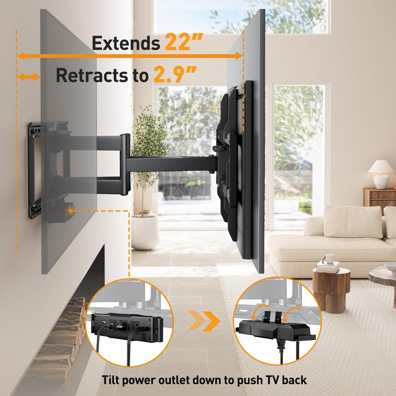 Perlegear Full Motion TV Wall Mount with Power Strip for 42â€“90 Inch TVs up to 150 lbs, Pre-Assembled TV Mount Has Smooth Swivel, Tilt, Extension, Max VESA 600x400mm, 12â€œ/16â€/24â€ Wood Studs, PGLF11 - Image 5