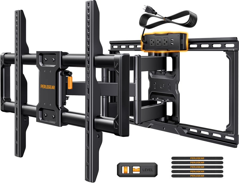 Perlegear Full Motion TV Wall Mount with Power Strip for 42â€“90 Inch TVs up to 150 lbs, Pre-Assembled TV Mount Has Smooth Swivel, Tilt, Extension, Max VESA 600x400mm, 12â€œ/16â€/24â€ Wood Studs, PGLF11 - Image 1