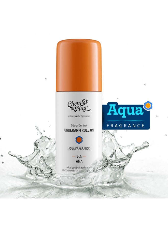 Chemist at Play UnderArm Roll-On with 5% AHA, Lactic Acid & 1% Mandelic Acid | Prevents Body Odour, Brightens Skin & Exfoliates Underarm | For Sensitive Skin | Aqua Fragrance | Alcohol Free - 75ml - Image 1