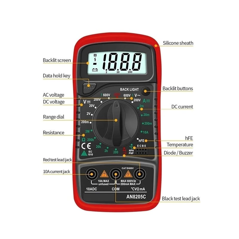AN8205C Orange Digital Multimeter AC DC Voltmeter Ammeter Ohm Tester with Thermocouple LCD Backlight - Image 3