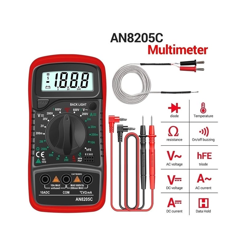 AN8205C Orange Digital Multimeter AC DC Voltmeter Ammeter Ohm Tester with Thermocouple LCD Backlight - Image 4