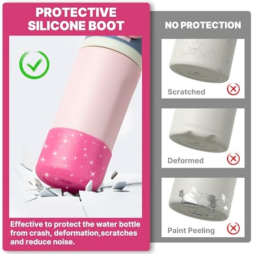 Diumepo Silicone Water Bottle Boot for Owala 14/16oz, Anti-Slip Protective Sleeve Bottom Bumper Protector for Owala Kids 12 oz Tumbler, Flip 14 oz and FreeSip 16 oz Water Bottle (Glitter Rose Red) - Image 4