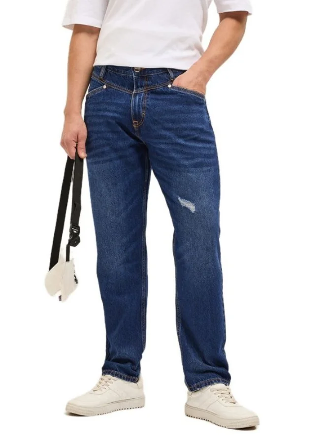 Men's Blue with Light Fade Distressed Patch Mid-Rise Relaxed Fit Jeans Classic Comfort With Modern Style, Perfect For Everyday Casual Looks And Effortless Streetwear Vibes