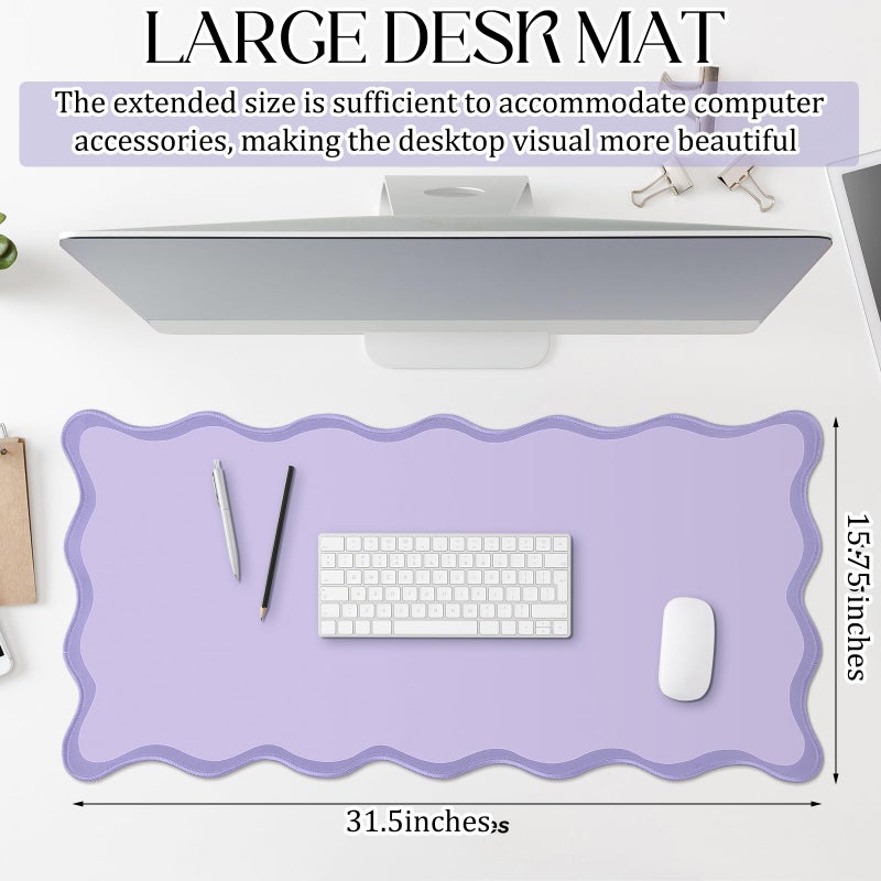 Hahafelt Scalloped Desk Mat Large Scalloped Piping Cute Desk Mat Aesthetic Preppy Table Pad Large Nonslip Pad with Edge Stitching Waterproof Gaming(Purple,31.5 x 15.75 Inches) - Image 2