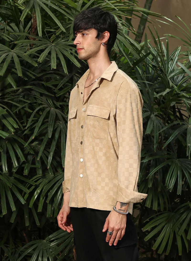 Campus Sutra Men's Buff Beige Cubic Velvet Utility Shacket For Casual Wear | Spread Collar | Long Sleeve | Button Closure | Overshirt/Shacket Crafted With Comfort Fit For Everyday Wear