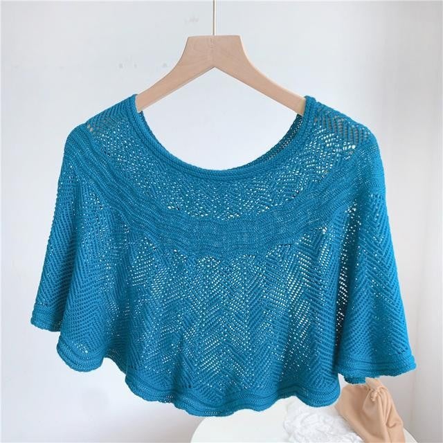 Knitted Shawl Lazy Turtleneck Scarf Fashion Cheongsam Outer Rope Air Conditioning Room Small Shawl Cervical Spine Protection Wave Blouse Blue (send brooch)