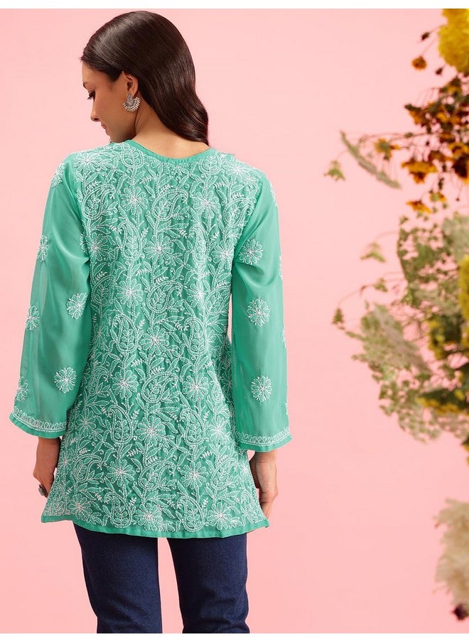 ADA - Ada Hand Embroidered Georgette Lucknow Chikankari Short Kurti Top for Girls & Women A911224 (2XL,Sea Green) - Image 1
