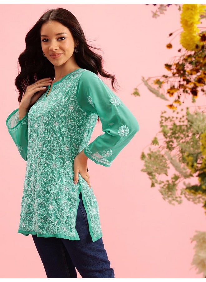 ADA - Ada Hand Embroidered Georgette Lucknow Chikankari Short Kurti Top for Girls & Women A911224 (2XL,Sea Green) - Image 1