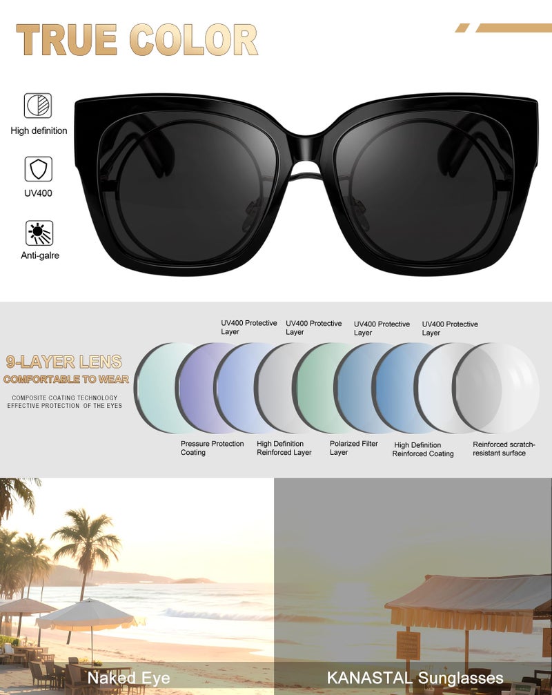 KANASTAL نظارات شمسية كنانستال تناسب فوق النظارات للنساء والرجال بتصميم كبير مع حماية UV400 وإكسسوارات مربعة عصرية باللون الأسود - Image 5