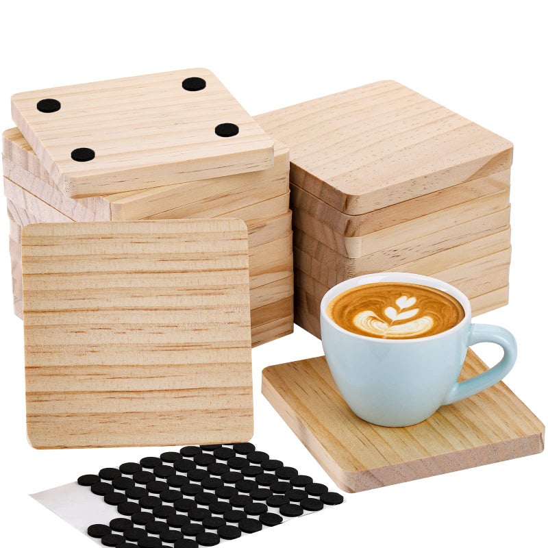 Dicunoy Dicunoy 20PCS Unfinished Wood Coasters Square Blank Wooden Coasters for Crafts 80PCS Foam Knots for DIY Stained Painted Pyrography Arts Craft 4 x 4 in 