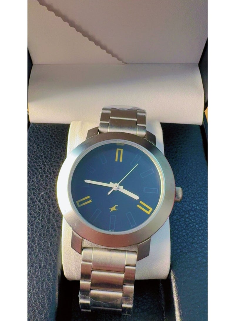 Fastrack Original Men's Quartz Analog Wrist Watch 3120SSG | Blue Round Dial with Yellow Hour Markers | Durable Silver Stainless Steel Bracelet Strap | Brand New 100% Authentic - Image 1