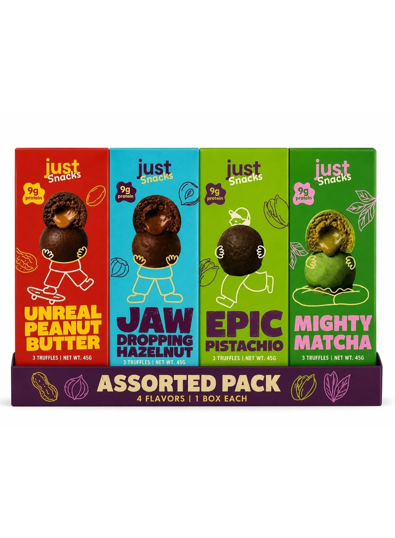 Just Snacks - كرات الترافل الغنية بالبروتين - تشكيلة متنوعة (4 نكهات، علبة واحدة من كل نكهة)