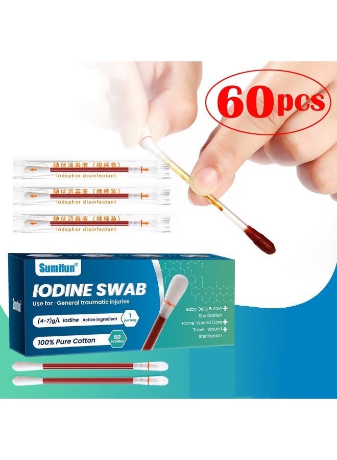 Culurfu Disposable Iodine Cotton Swabs - Snap-Off Disinfection Swabs - Individually Wrapped for Wound Care & Emergency First Aid - Travel Friendly, 60-Count - Image 1