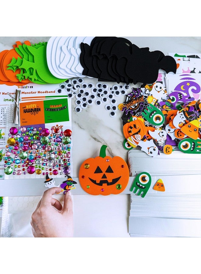 Winlyn 24 Sets Halloween Headbands Craft Kits Crown Art Sets Jack-o'-lantern Candy Corns Ghost Monster Bat Paper Hat with Halloween Foam Stickers for Kids Halloween Classroom Activities Party Favors - Image 3