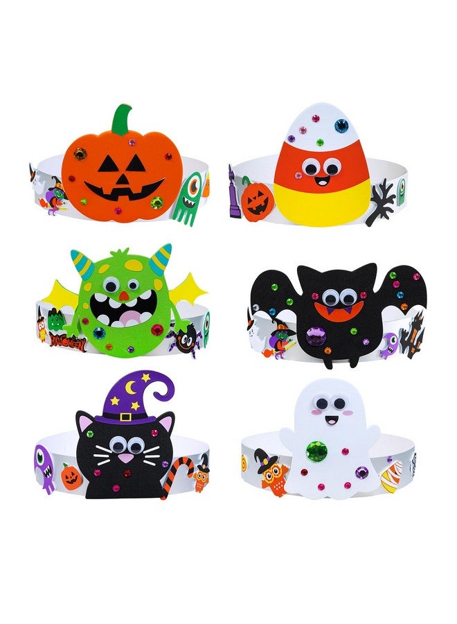 Winlyn 24 Sets Halloween Headbands Craft Kits Crown Art Sets Jack-o'-lantern Candy Corns Ghost Monster Bat Paper Hat with Halloween Foam Stickers for Kids Halloween Classroom Activities Party Favors - Image 2