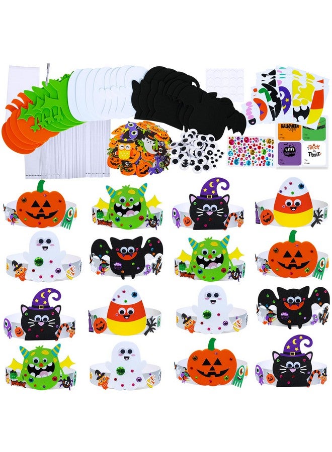 Winlyn 24 Sets Halloween Headbands Craft Kits Crown Art Sets Jack-o'-lantern Candy Corns Ghost Monster Bat Paper Hat with Halloween Foam Stickers for Kids Halloween Classroom Activities Party Favors - Image 1