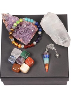 SUNYIK SUNYIK 11 PCS 7 Chakra Healing Crystal and Stone Set, 7 Chakra Polished Tumbled Stones, Natural Amethyst Cluster, Rock Crystal Wand, 7 Chakra Crystal Point Pendulum & Bracelet Altar Kits for Beginner 