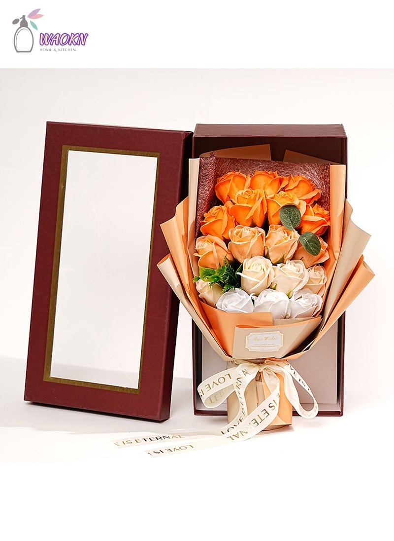 WAOKN 18-Piece Roses And Hydrangea Bouquets Forever Flowers Decor Artificial Flower Bouquet High-Value Soap Flower Gift Box Long-Lasting Real Roses Forever Bouquet Gifts for Women Gradient Orange