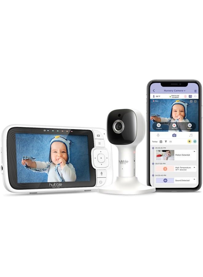 Hubble Connected Nursery Pal Cloud Smart Connected, Wi-Fi Enabled Baby Monitor with 5-Inch HD Color Parent Unit Viewer, Soothing Sounds and White Noise, 7-Color Night Light, Wall Mount, White - Image 1