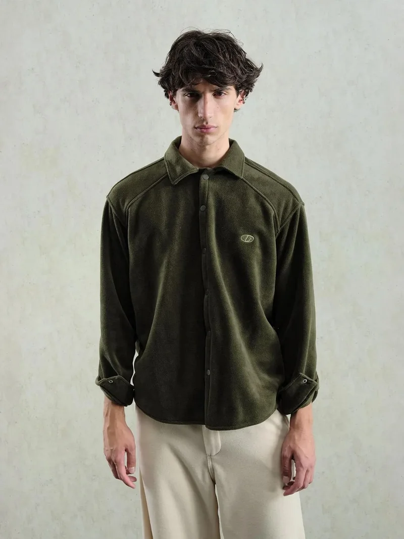 Giesto Khaki Green GIESTO Comfort Fit Textured Long Sleeve Shirt with Embroidery for Men | Best Price UAE