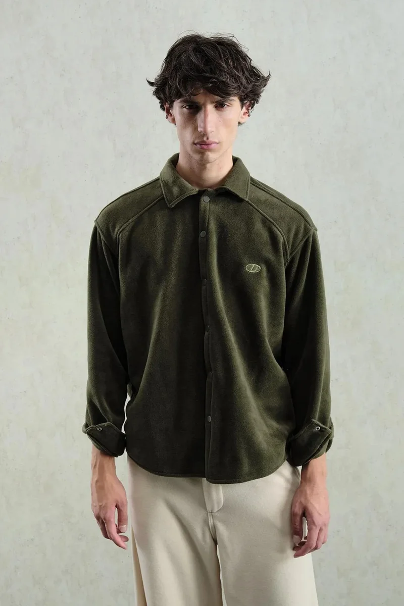 Giesto Khaki Green GIESTO Comfort Fit Textured Long Sleeve Shirt with Embroidery for Men | Best Price UAE