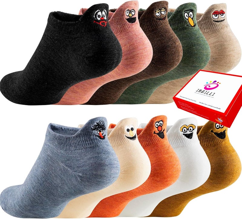 IBEILLI Women Cute Socks 10 Pairs Cotton Kawaii Embroidered Funny Low Cut Ankle Socks for Women Girls - Image 1
