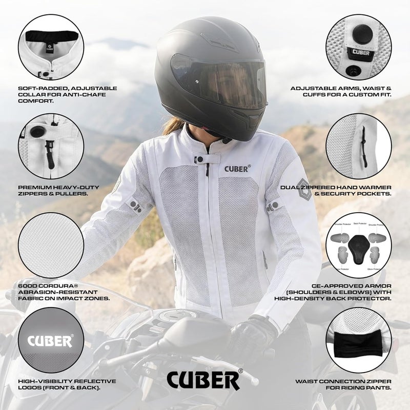 CUBER Hi-Vis Breathable Mesh Motorcycle Jacket for Men with CE Armor - White Medium - Image 5