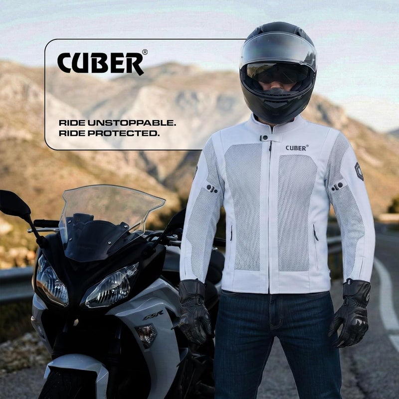 CUBER Hi-Vis Breathable Mesh Motorcycle Jacket for Men with CE Armor - White Medium - Image 2