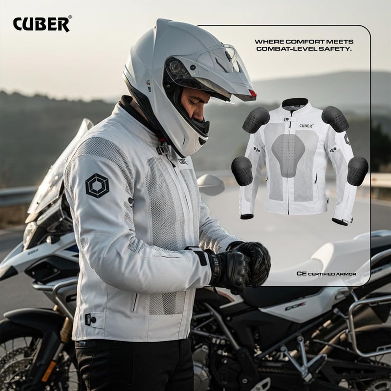 CUBER Hi-Vis Breathable Mesh Motorcycle Jacket for Men with CE Armor - White Medium - Image 3