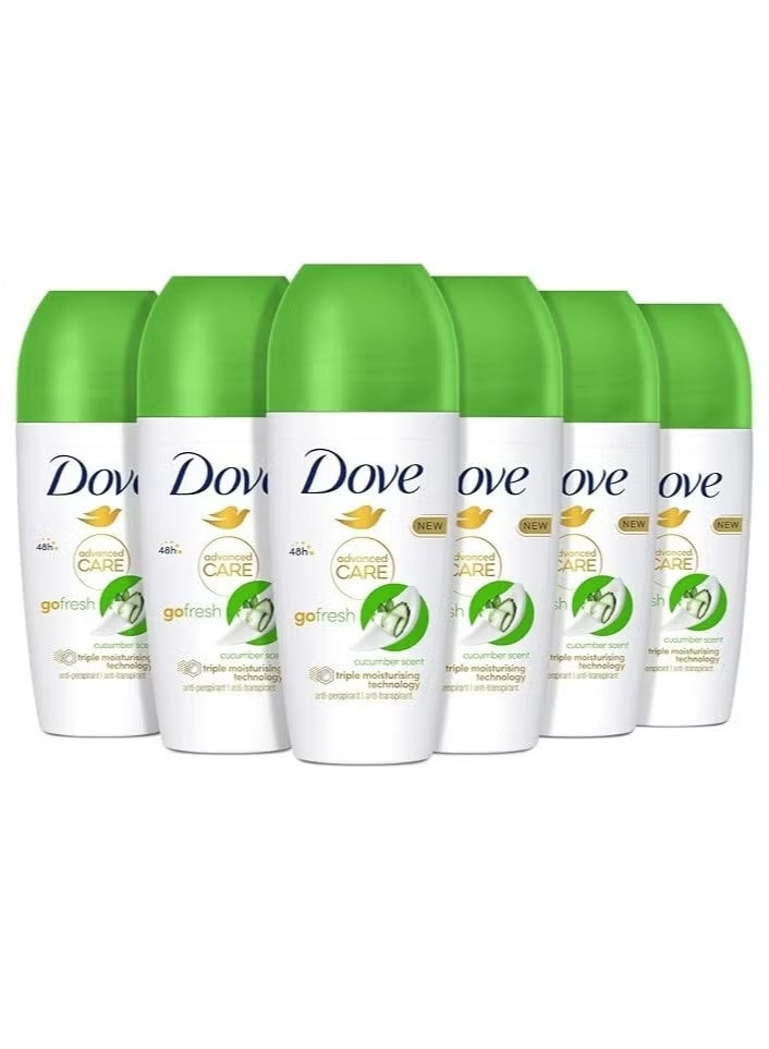 Dove Advanced Care Go Fresh Cucumber Roll-On Deodorant 50ml – Pack of 6 Pieces | Antiperspirant with Triple Moisturizing Technology, 48H Sweat & Odour Protection
