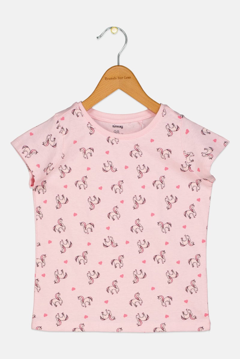 Sinsay Toddlers Girl Crew Neck Short Sleeves Unicorn Print Top, Pink - Image 1