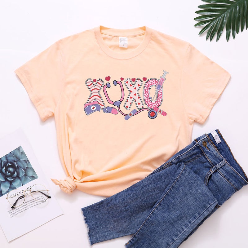 Independent Station 2023 New Independent Station International Nurse Festival Xoxo Letter Printed Round Neck Short Sleeve T-Shirt For Women - Image 3