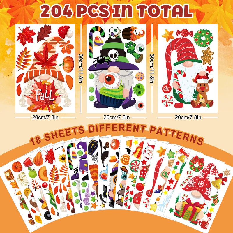 Whaline 204Pcs Fall Christmas Halloween Gnome Window Clings Colorful Cute Gnomes Pumpkins Bat Xmas Tree Window Decals Double-Sided Window Stickers for Autumn Thanksgiving Home Classroom Decor - Image 5