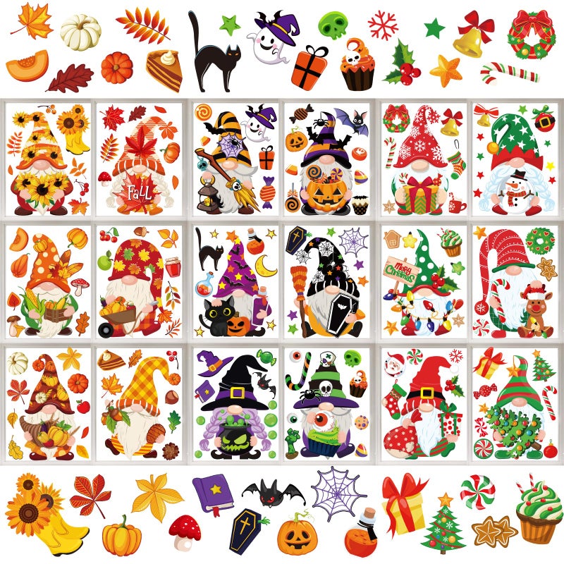 Whaline 204Pcs Fall Christmas Halloween Gnome Window Clings Colorful Cute Gnomes Pumpkins Bat Xmas Tree Window Decals Double-Sided Window Stickers for Autumn Thanksgiving Home Classroom Decor - Image 1