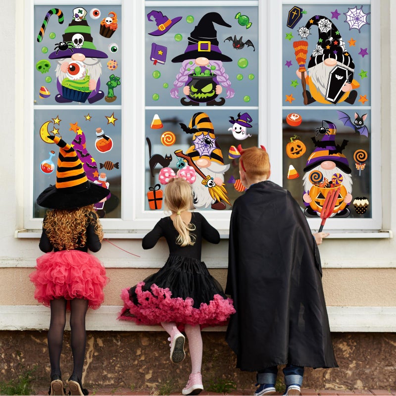 Whaline 204Pcs Fall Christmas Halloween Gnome Window Clings Colorful Cute Gnomes Pumpkins Bat Xmas Tree Window Decals Double-Sided Window Stickers for Autumn Thanksgiving Home Classroom Decor - Image 3