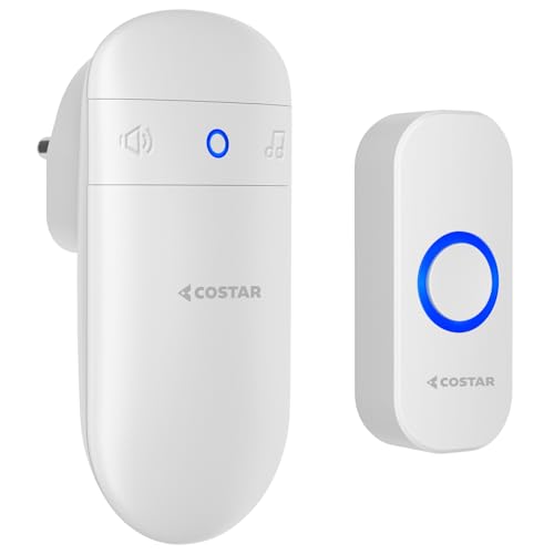 Costar Wireless Door Bell Kits Chime For Home Office With LED Light 300 Meter 1000 Feet Operating Range 32 Ringtones 5 Levels Volume,1 Receiver&1 Push Button Ip44 Waterproof(Pebble T300-M508) - Image 1