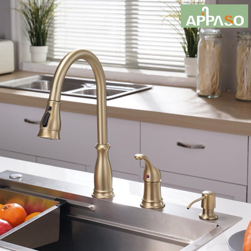 APPASO Gold Kitchen Faucet 3 Hole, Brushed Gold Kitchen Faucet with Soap Dispenser and Pull Down Sprayer, Solid Steel High Arc Faucets with Separate Handle Stainless for 2 Hole & 3 Holes Sink - Image 5