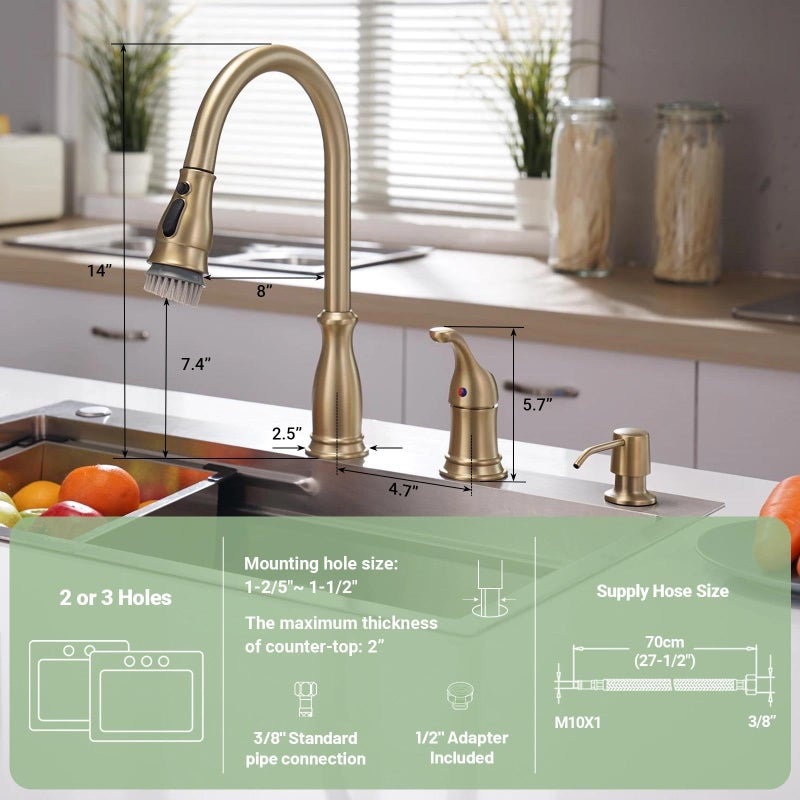 APPASO Gold Kitchen Faucet 3 Hole, Brushed Gold Kitchen Faucet with Soap Dispenser and Pull Down Sprayer, Solid Steel High Arc Faucets with Separate Handle Stainless for 2 Hole & 3 Holes Sink - Image 4
