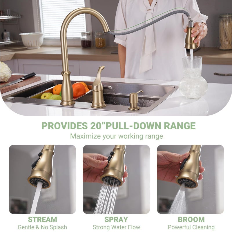 APPASO Gold Kitchen Faucet 3 Hole, Brushed Gold Kitchen Faucet with Soap Dispenser and Pull Down Sprayer, Solid Steel High Arc Faucets with Separate Handle Stainless for 2 Hole & 3 Holes Sink - Image 3