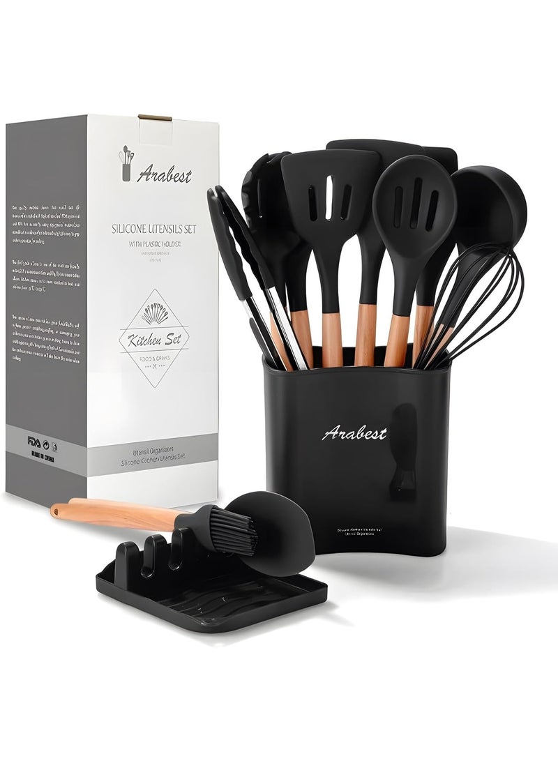 Arabest Silicone Cooking Utensil Set,Silicone Kitchen Utensil Set-13pcs,Wooden Handles Utensils Tool for Nonstick Cookware,Non Toxic Heat Resistant Kitchen Tools Set With Storage Bucket And Lid Rest - Image 1