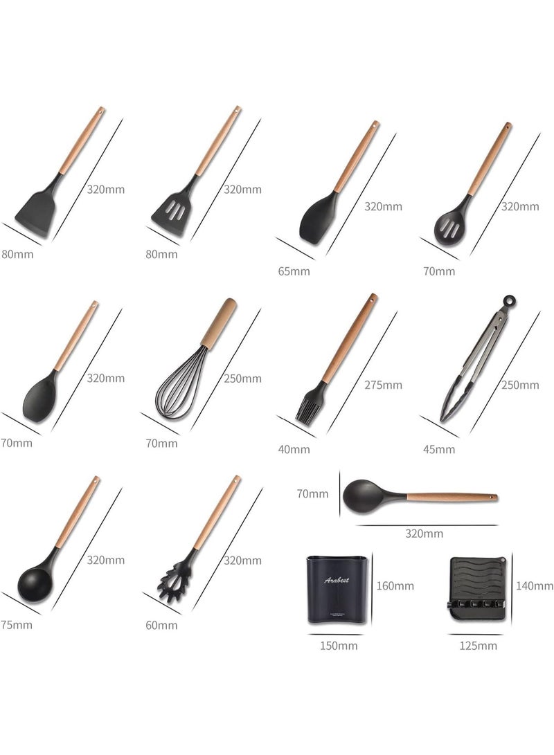 Arabest Silicone Cooking Utensil Set,Silicone Kitchen Utensil Set-13pcs,Wooden Handles Utensils Tool for Nonstick Cookware,Non Toxic Heat Resistant Kitchen Tools Set With Storage Bucket And Lid Rest - Image 2