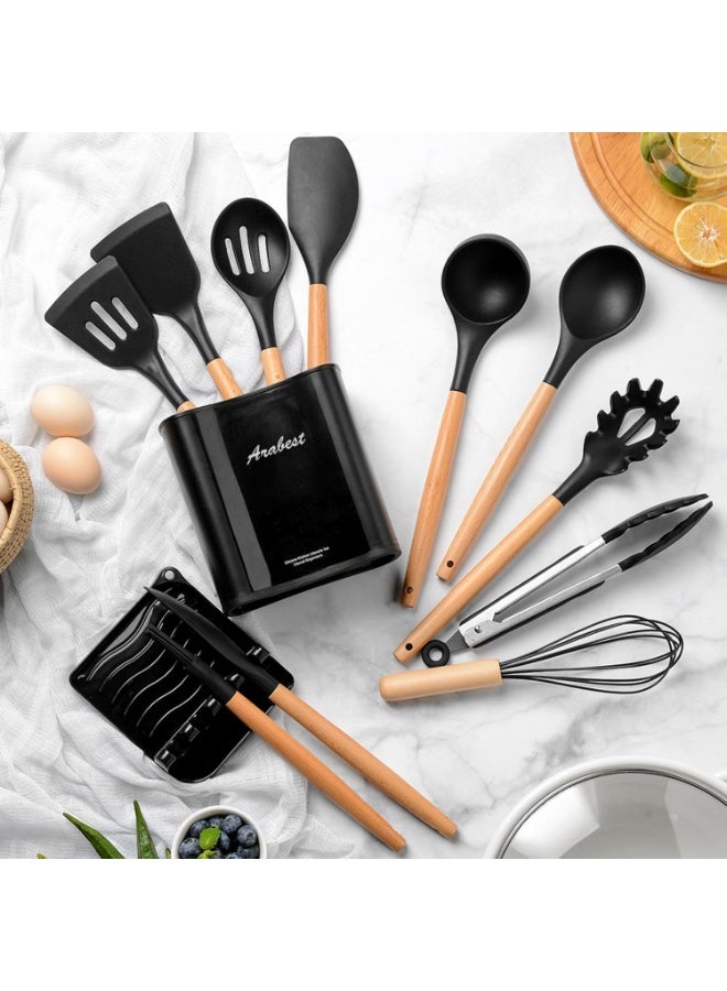 Arabest Silicone Cooking Utensil Set,Silicone Kitchen Utensil Set-13pcs,Wooden Handles Utensils Tool for Nonstick Cookware,Non Toxic Heat Resistant Kitchen Tools Set With Storage Bucket And Lid Rest - Image 3