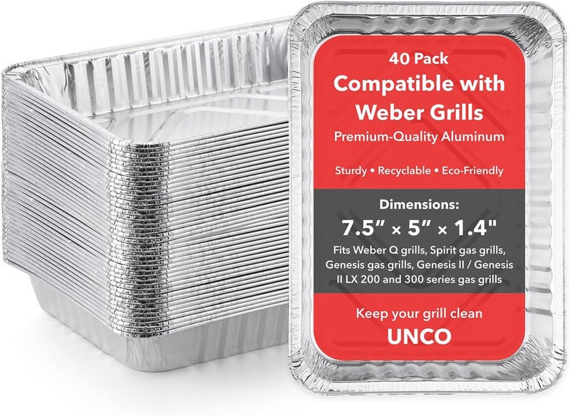 UNCO- Grill Drip Pans Aluminum, 7.5” x 5”, 40pcs, Drip Pan Liners, Grease Pan Liner, Grill Drip Pans for Outdoor Grill, Grill Grease Pan Liners, Grill Drip Pan, Aluminum Drip Pans, Drip Pan for Grill Individual & group usable - Image 1