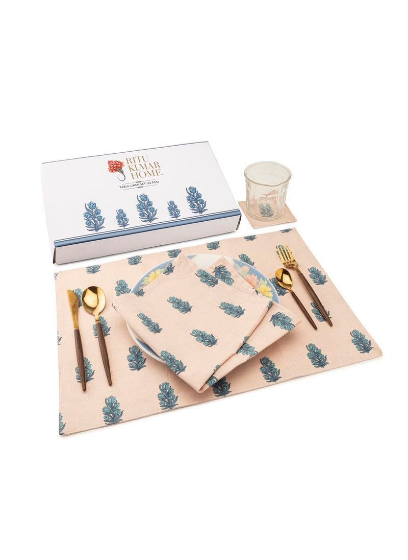 SPACES Spaces Home Table Linen Set of 12 – Jalmahal Design | Napkins, Placemats, Coasters | 100% Cotton | Premium Gifting Set by Welspun  - Image 1