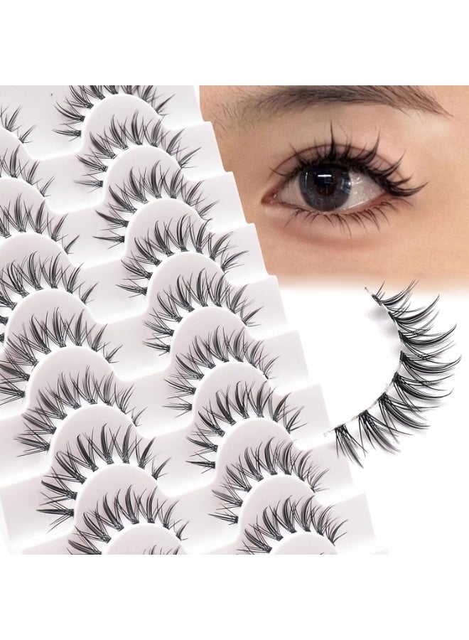 Eyelashes, Wispy Manga Lashes, Natural Look Clear Band False Eyelashes, Lightweight Asian Korean Anime Eye Lashes, 10 Pairs Soft Clusters Fake Eyelashes (Center) - Image 1