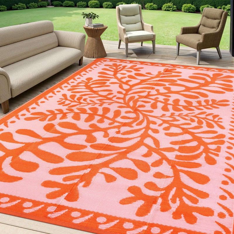 Anidaroel 8x10 Outdoor Rug for Patios Clearance, Waterproof Camping Rug for Outside RV, Reversible Plastic Straw Outside Rugs, Large Outdoor Area Rug for Garden, Camper, Pool Deck(Orange,8â€™x10â€™) - Image 1