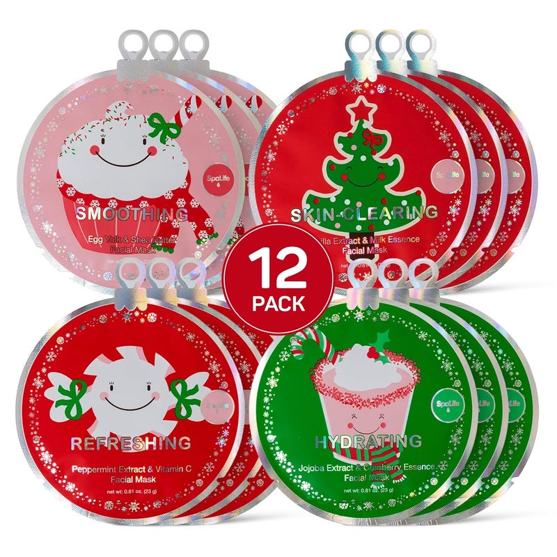 SpaLife Christmas Stocking Stuffer Facial Masks 12Pack  Hydrating Smoothing and Refreshing SkinClearing Face Sheet Masks  Skincare Set for Moisturizing and Soothing Beauty