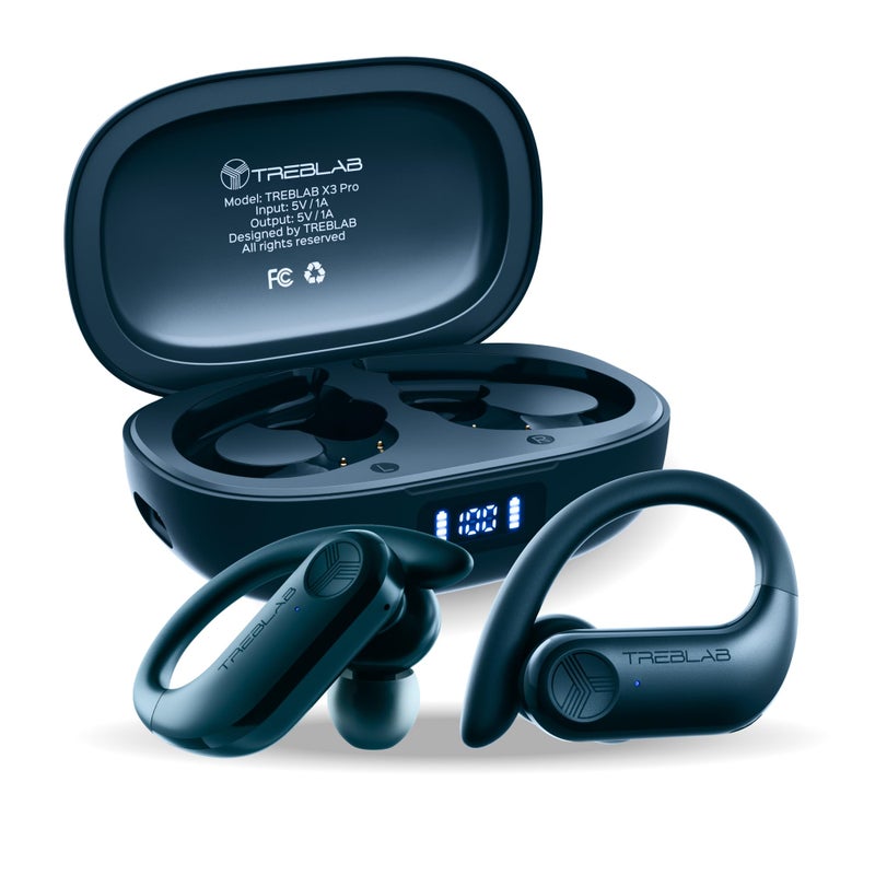 TREBLAB X3 Pro - Workout True Wireless Earbuds, Comfortable Earhooks, Bluetooth 5.3, Punchy Bass, Noise Isolation, 145H Playtime, IPX5 Waterproof, Sweatproof, 2 Mics for Calls, Sport Bluetooth Earbuds - Image 1