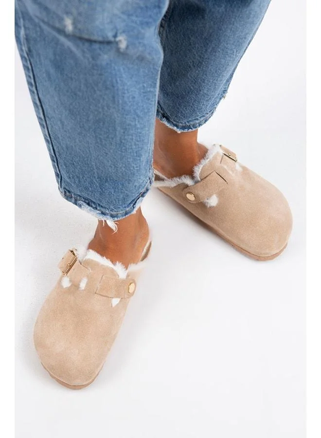 Zeta Women's Fur-Lined Genuine Leather Buckled Belted Fur-Lined Suede Sand Slippers - Beige